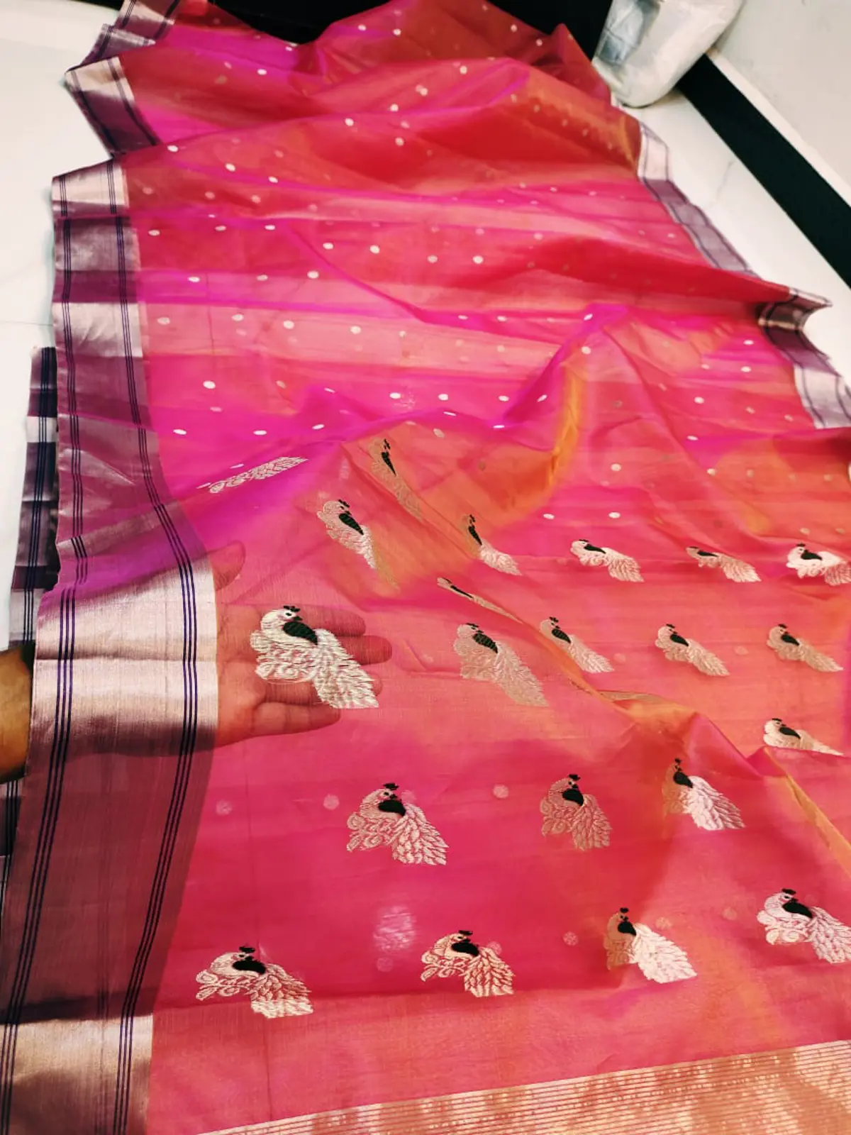 Radiant Fuchsia with Silver Peacock Motifs Kataan Silk - Handloom Chanderi Saree