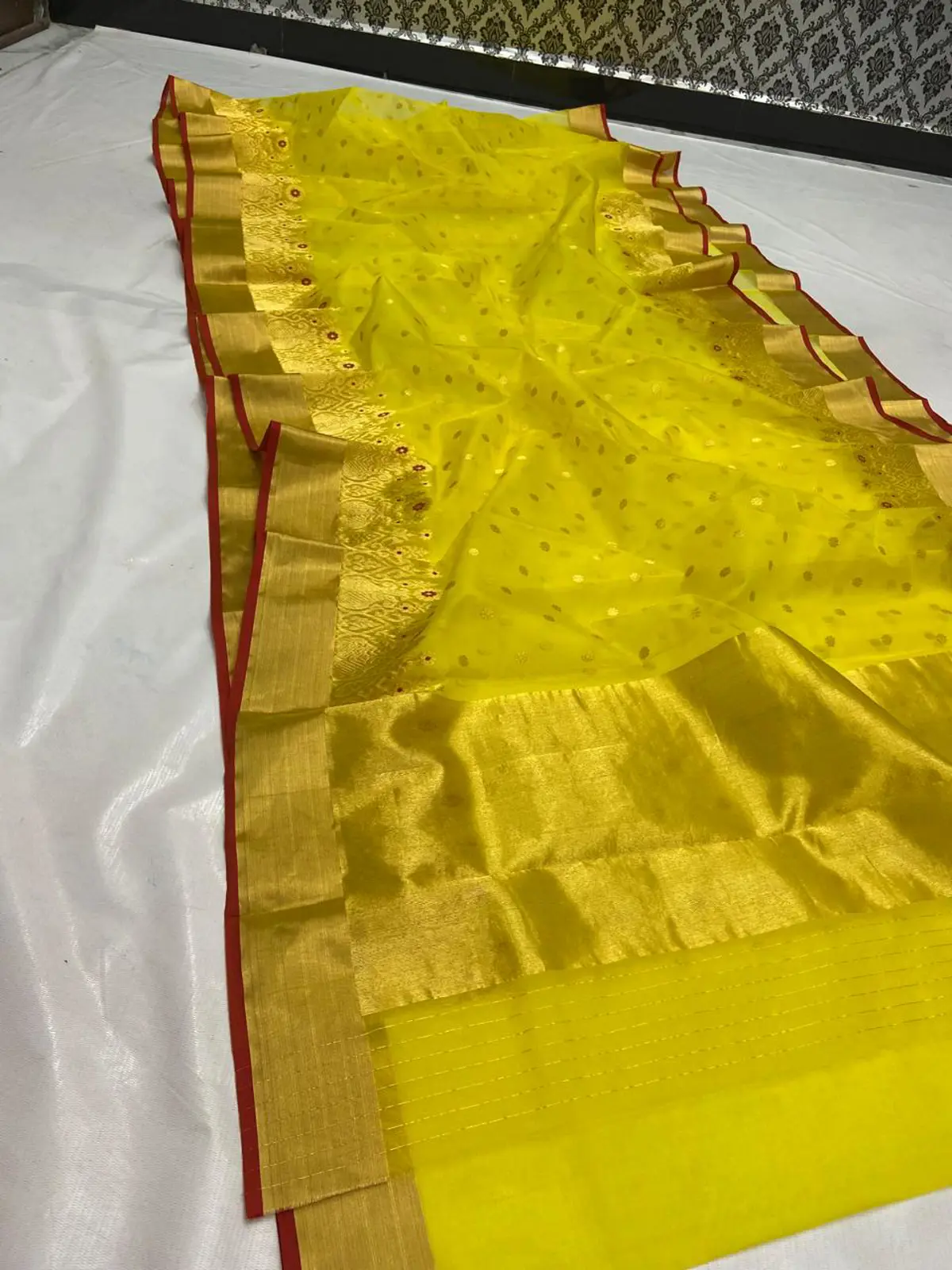 Radiant Marigold with Antique Gold Zari Buttis Chanderi Saree