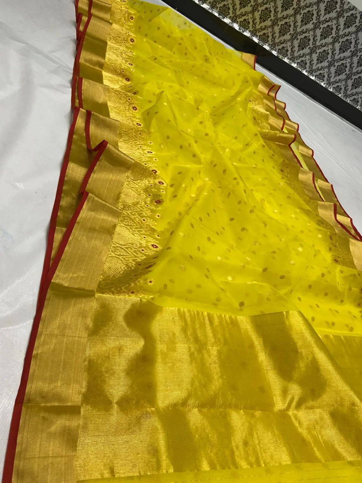 Handwoven Radiant Marigold & Antique Gold with Crimson Accents Radiant Marigold with Antique Gold Zari Buttis Chanderi Saree - Authentic Chanderi Silk Saree Chanderi Saree - View 3