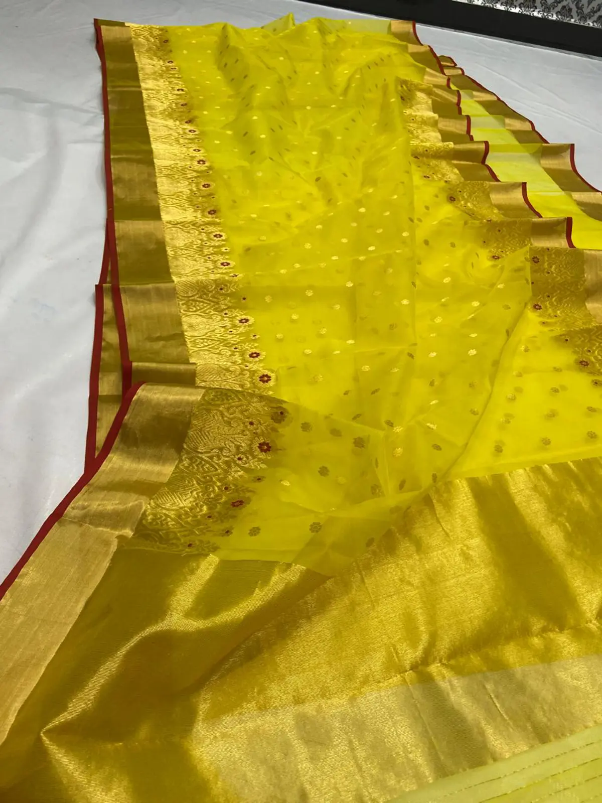 Handwoven Radiant Marigold & Antique Gold with Crimson Accents Radiant Marigold with Antique Gold Zari Buttis Chanderi Saree - Authentic Chanderi Silk Saree Chanderi Saree - View 4
