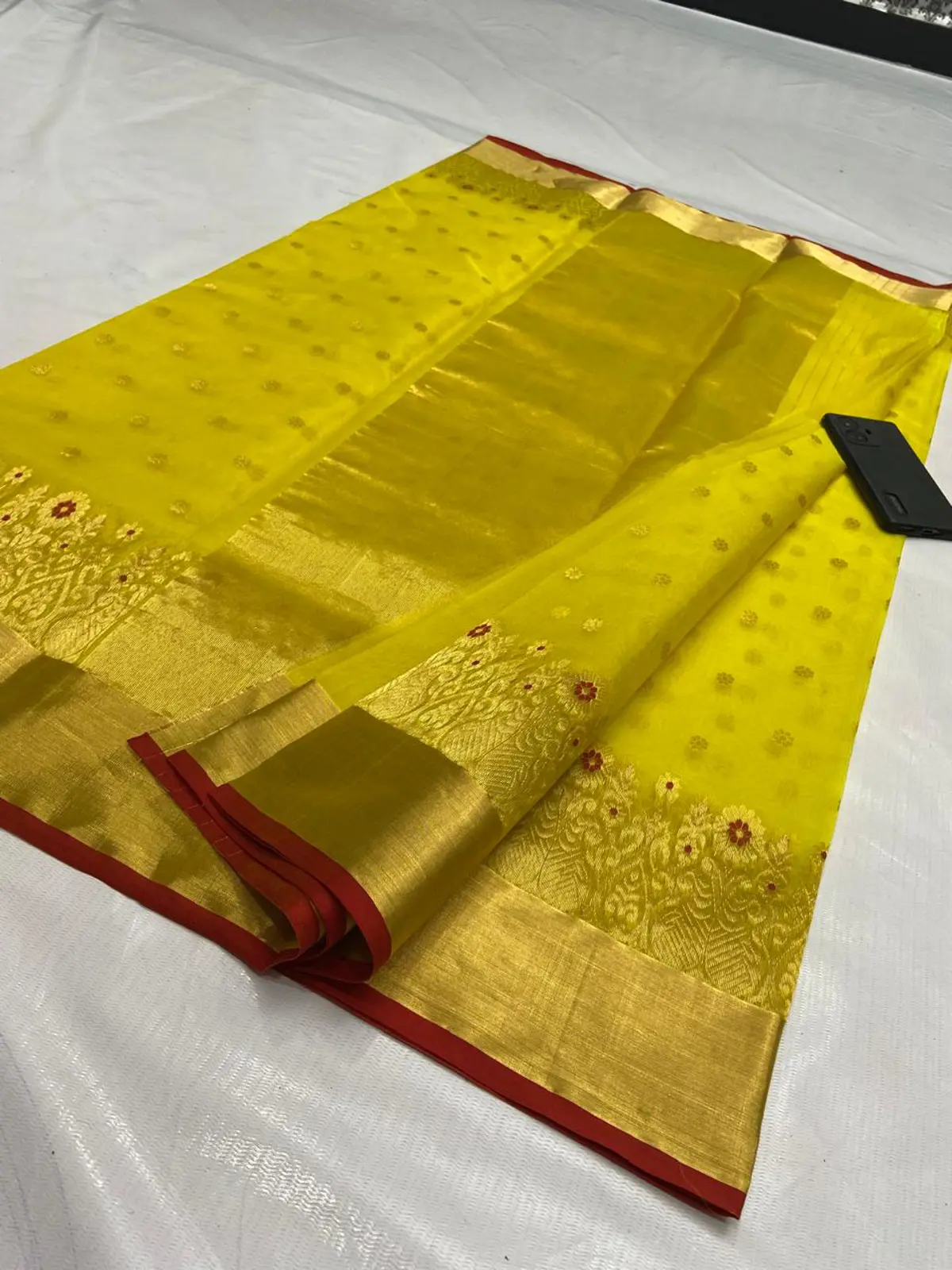 Handwoven Radiant Marigold & Antique Gold with Crimson Accents Radiant Marigold with Antique Gold Zari Buttis Chanderi Saree - Authentic Chanderi Silk Saree Chanderi Saree - View 5