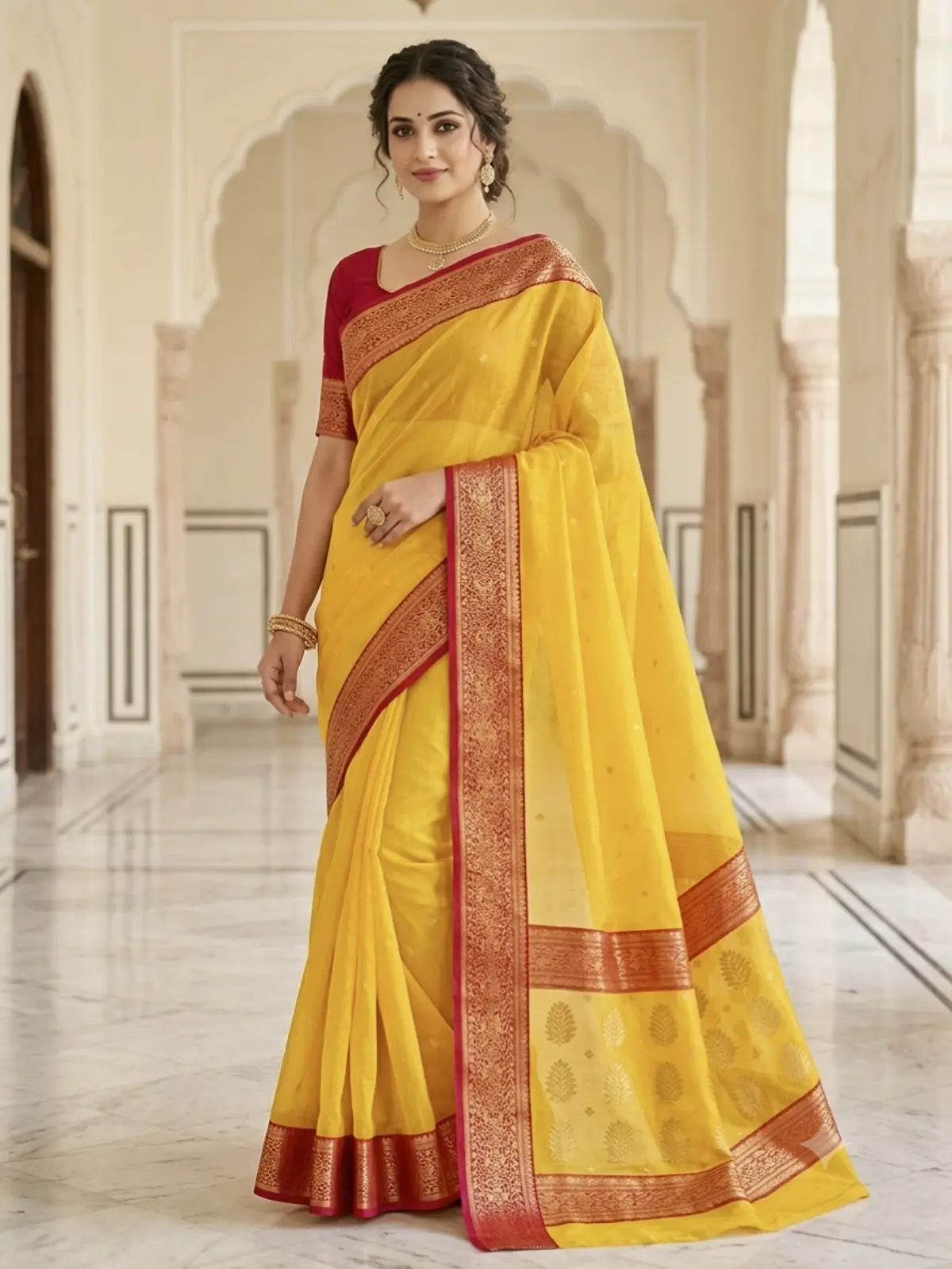 Handwoven Saffron & Crimson Radiant Saffron with Crimson Zari Kataan Silk - Authentic Chanderi Silk Saree Chanderi Saree