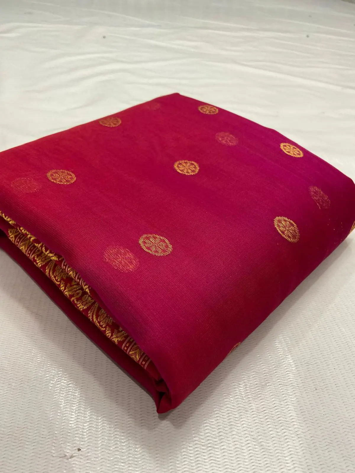 Handwoven Rani Ruby & Antique Gold Rani Ruby with Antique Gold Buttis and Border Kataan Silk - Authentic Chanderi Silk Saree Chanderi Saree - View 1