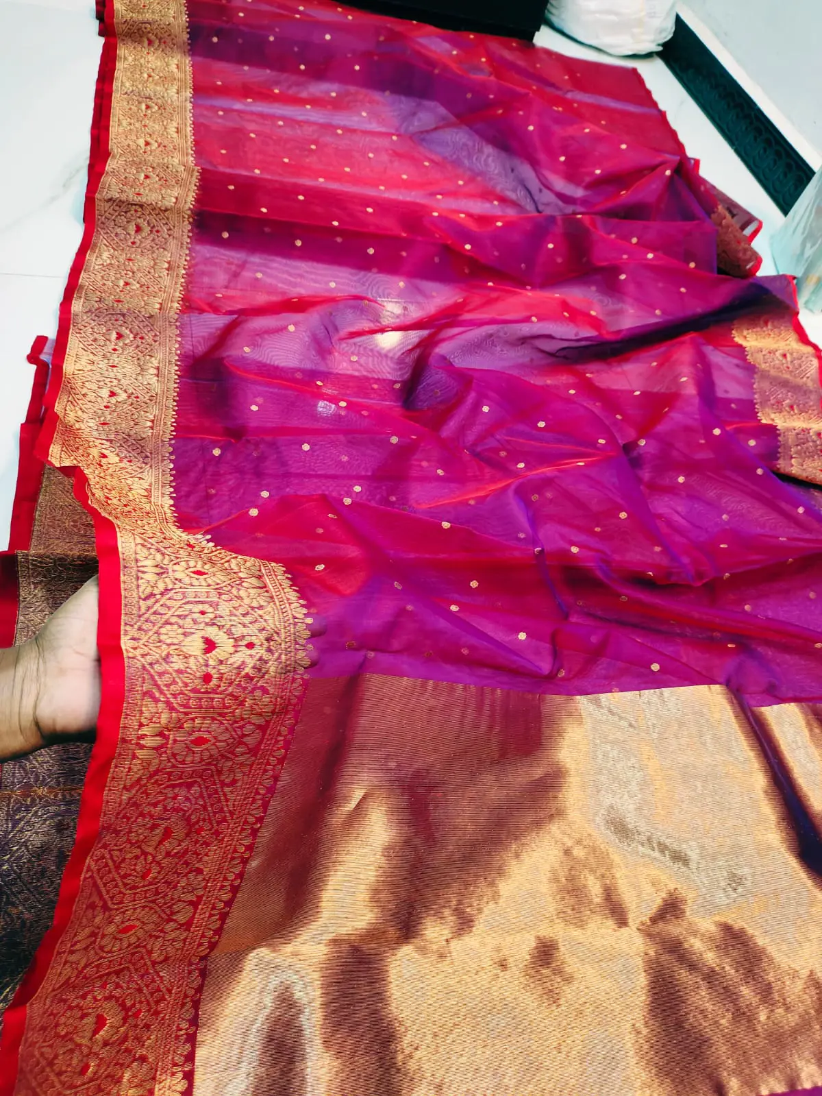 Regal Fuchsia with Opulent Gold Zari Booti and Brocade Border Kataan Silk