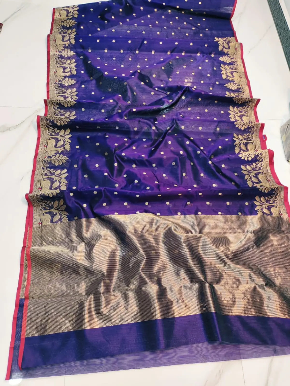 Handwoven Regal Indigo & Antique Gold Regal Indigo & Antique Gold Pattu Silk Saree - Authentic Chanderi Silk Saree Chanderi Saree - View 1