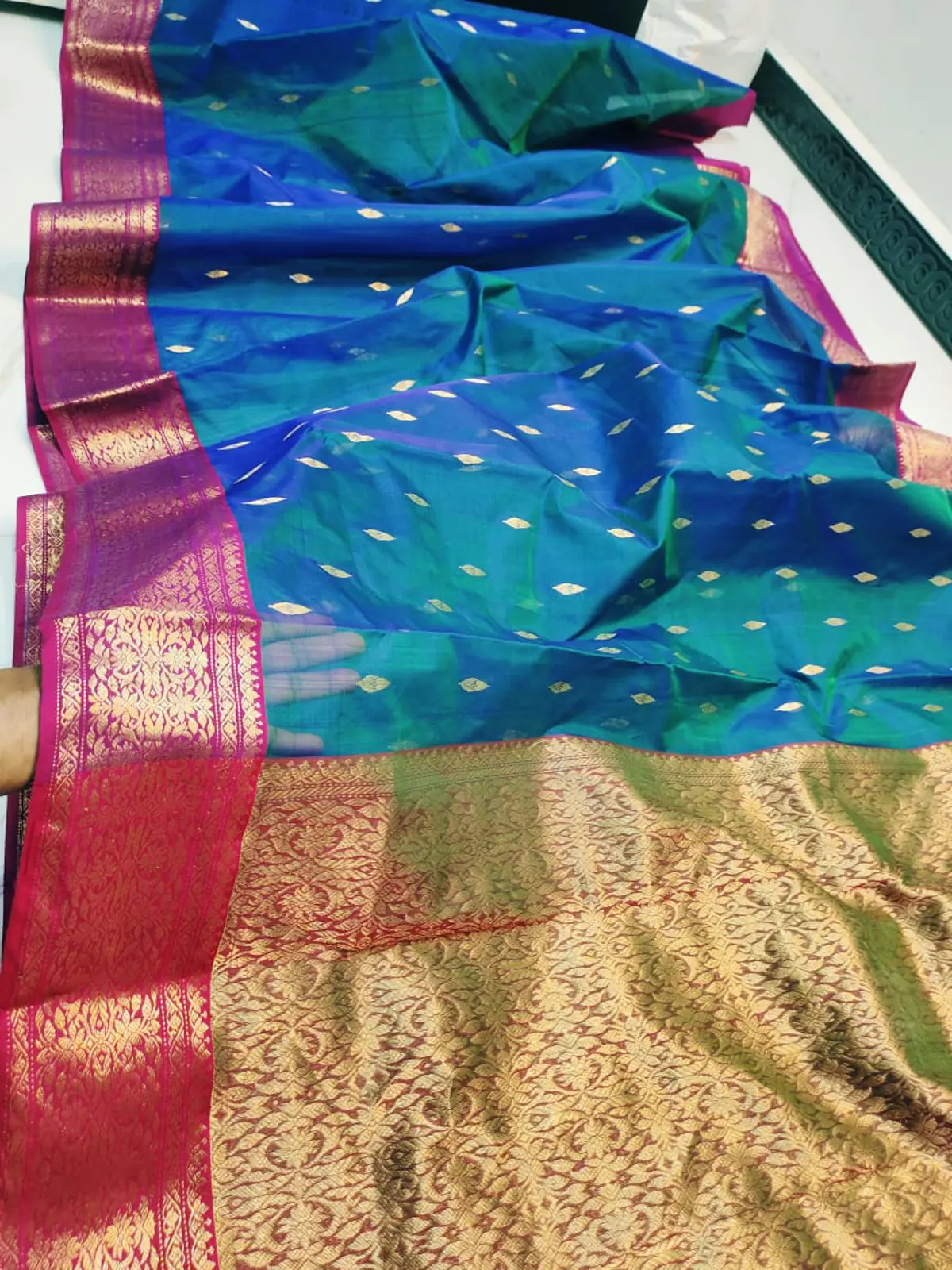 Handwoven Regal Sapphire & Antique Gold Regal Sapphire with Antique Gold Zari Buttis and Border Chanderi Silk - Authentic Chanderi Silk Saree Chanderi Saree - View 1
