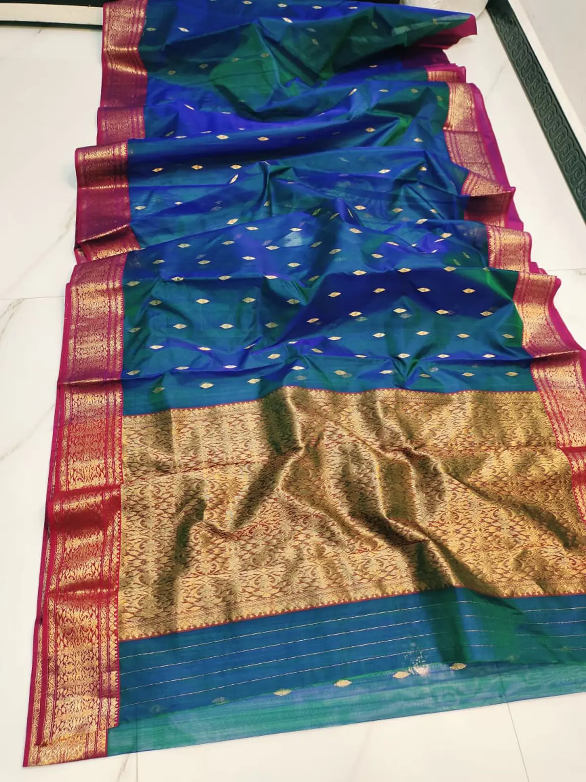 Handwoven Regal Sapphire & Antique Gold Regal Sapphire with Antique Gold Zari Buttis and Border Chanderi Silk - Authentic Chanderi Silk Saree Chanderi Saree - View 2