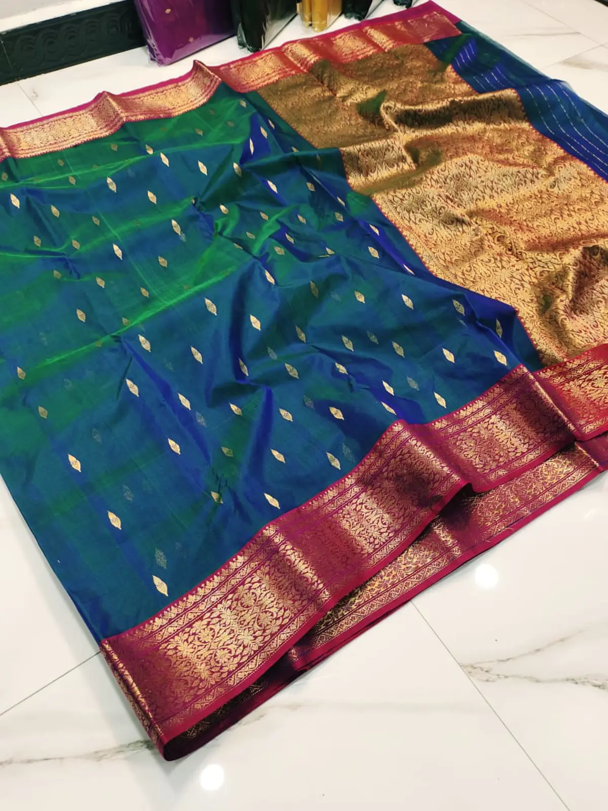 Handwoven Regal Sapphire & Antique Gold Regal Sapphire with Antique Gold Zari Buttis and Border Chanderi Silk - Authentic Chanderi Silk Saree Chanderi Saree - View 3