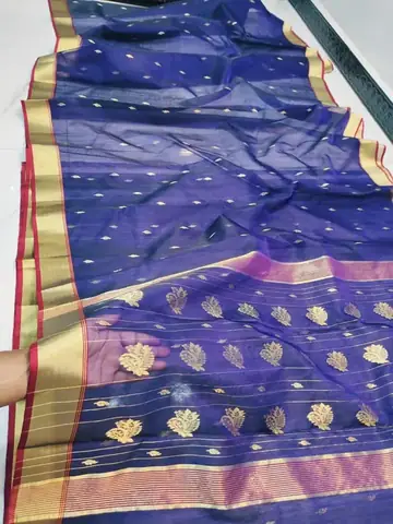 Handwoven Regal Sapphire & Gilded Gold Regal Sapphire with Gilded Zari Motifs Kataan Silk - Authentic Chanderi Silk Saree Chanderi Saree