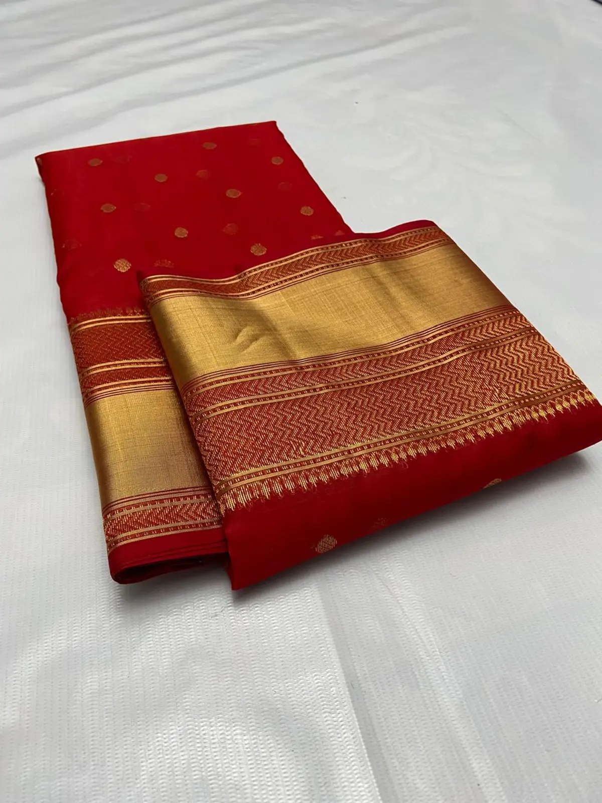 Handwoven Regal Scarlet & Opulent Gold Regal Scarlet with Opulent Gold Kataan Zari Border Chanderi Saree - Authentic Chanderi Silk Saree Chanderi Saree