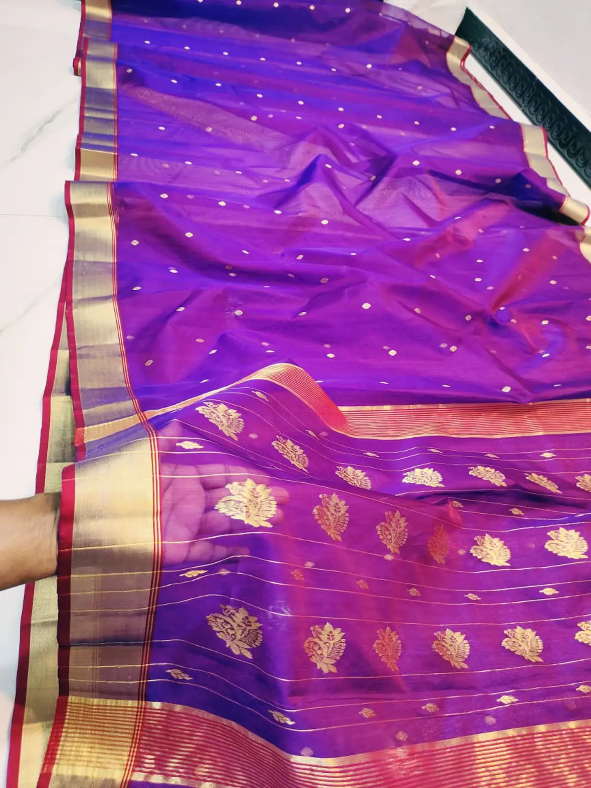 Handwoven Royal Amethyst & Antique Gold Royal Amethyst with Antique Gold Booti Chanderi Silk - Authentic Chanderi Silk Saree Chanderi Saree