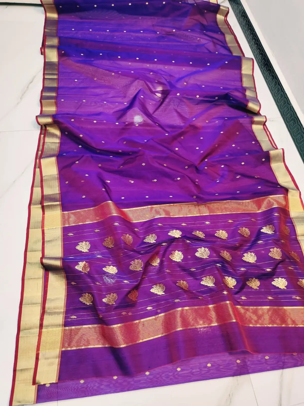 Handwoven Royal Amethyst & Antique Gold Royal Amethyst with Antique Gold Booti Chanderi Silk - Authentic Chanderi Silk Saree Chanderi Saree - View 2