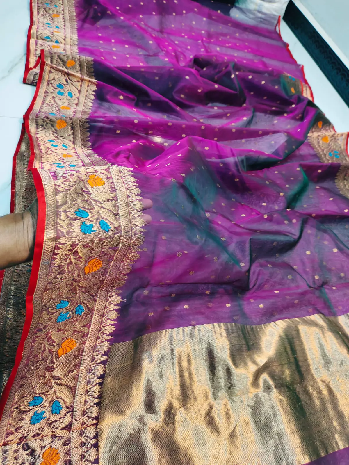 Royal Magenta with Antique Gold Zari and Floral Meenakari Kataan Silk