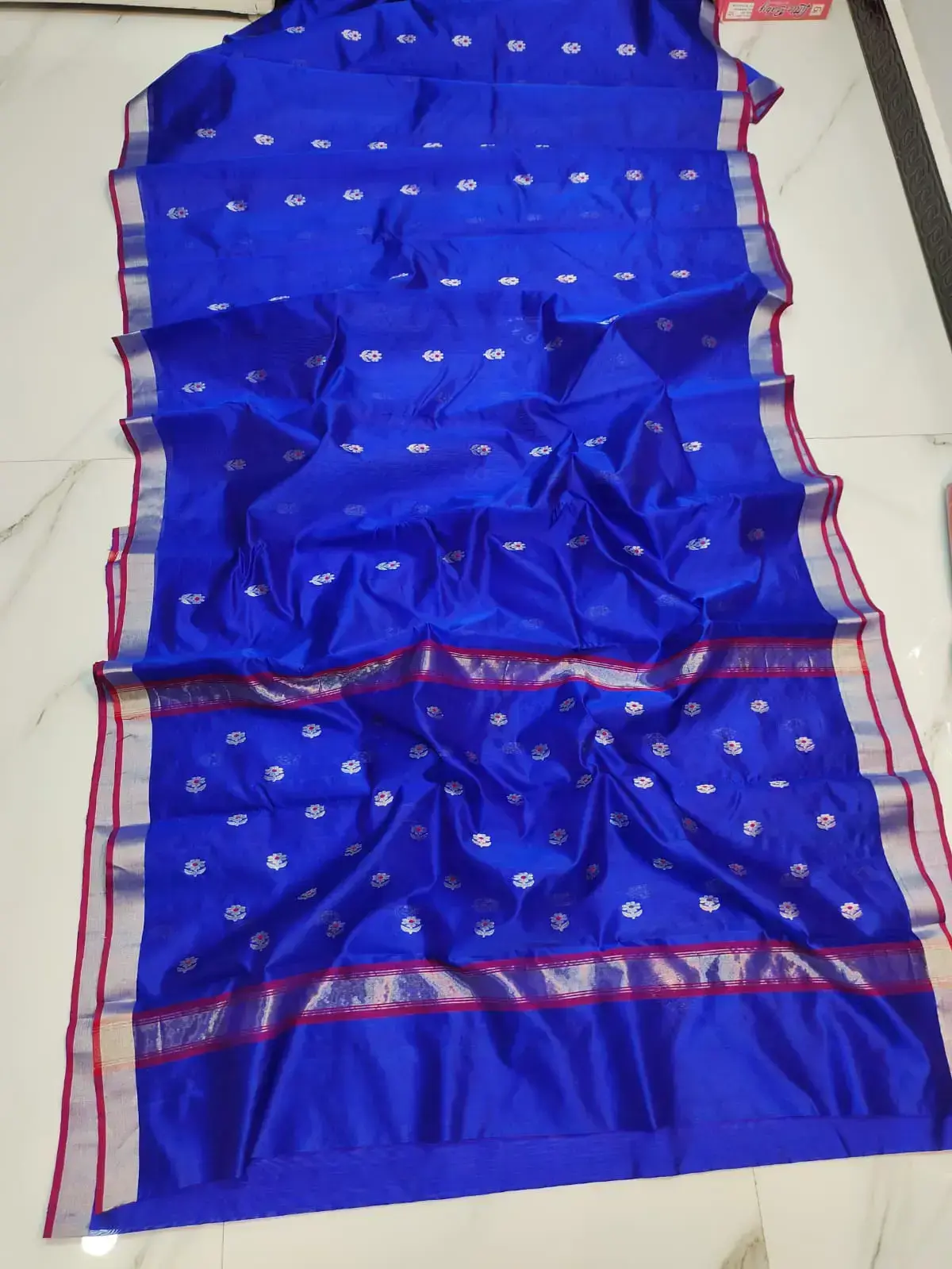 Handwoven Royal Sapphire with Sterling Silver & Crimson Accents Royal Sapphire with Sterling Silver and Crimson Accents Katan Silk Saree - Authentic Chanderi Silk Saree Chanderi Saree - View 1