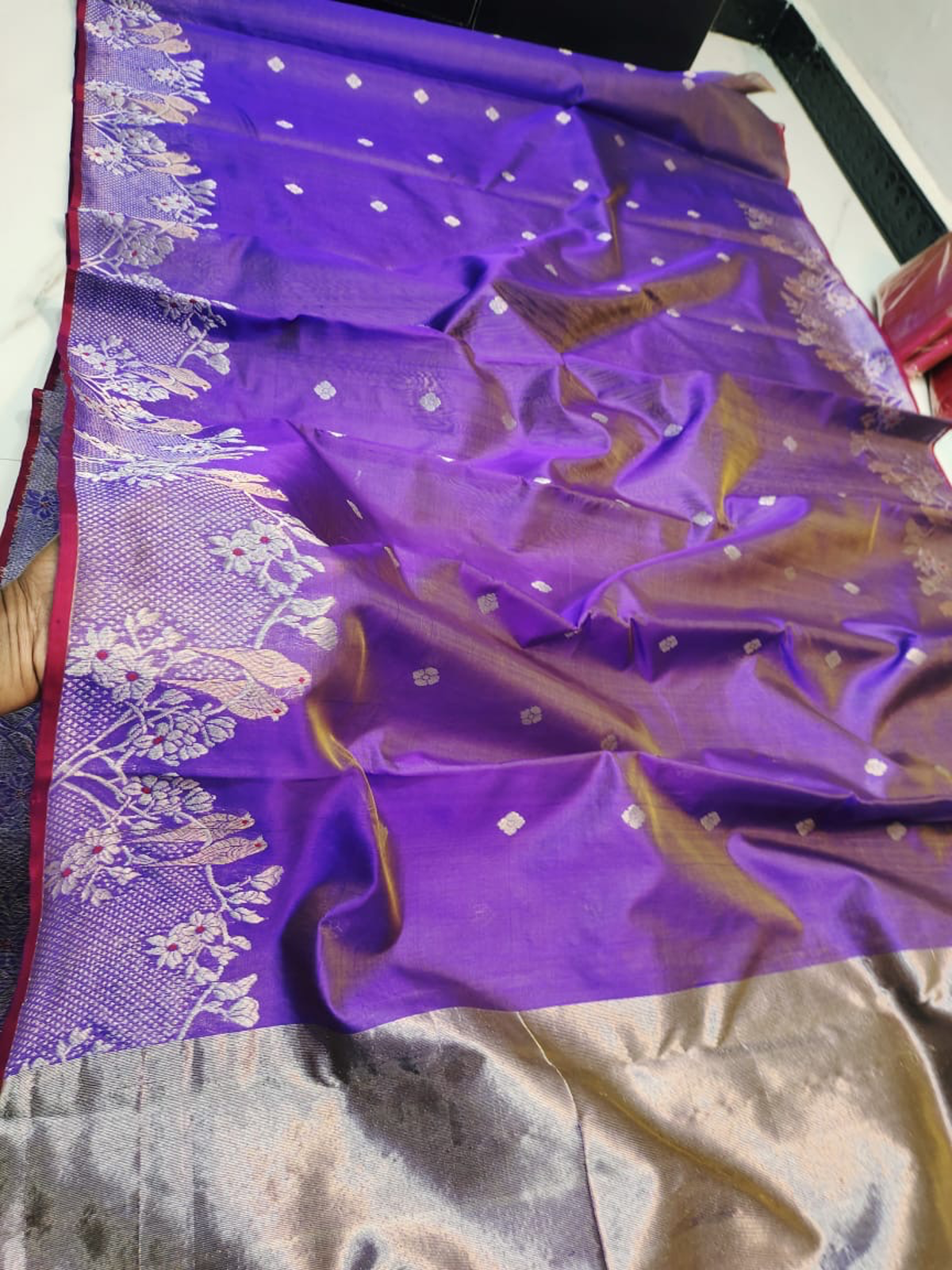 Handwoven Indigo Imperial Amethyst with Artisanal Silver Vana Mala Pattu Silk Saree - Authentic Chanderi Silk Saree Chanderi Saree