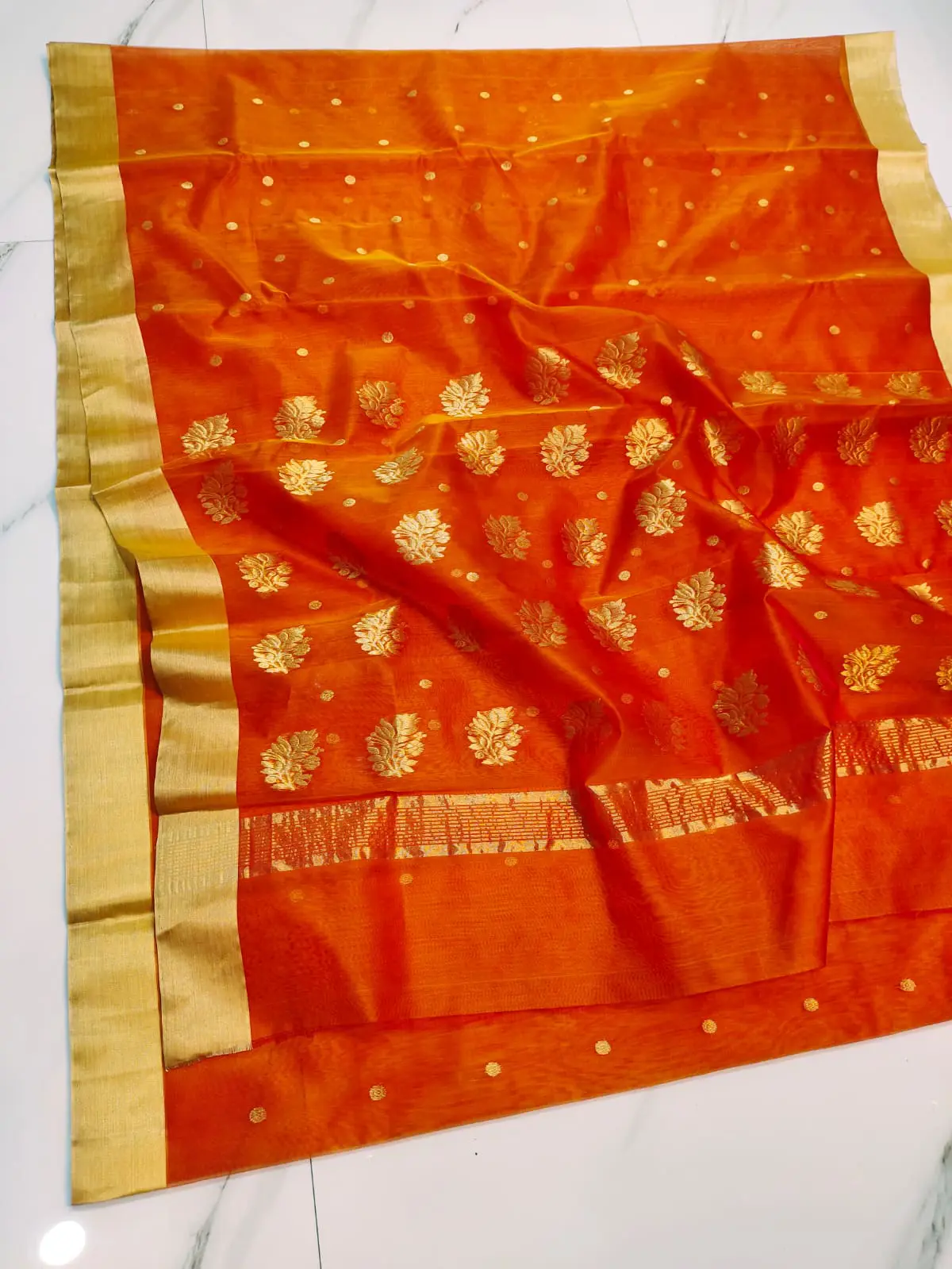 Handwoven Saffron Sunset & Antique Gold Saffron Sunset & Antique Gold Kataan Silk Saree - Authentic Chanderi Silk Saree Chanderi Saree