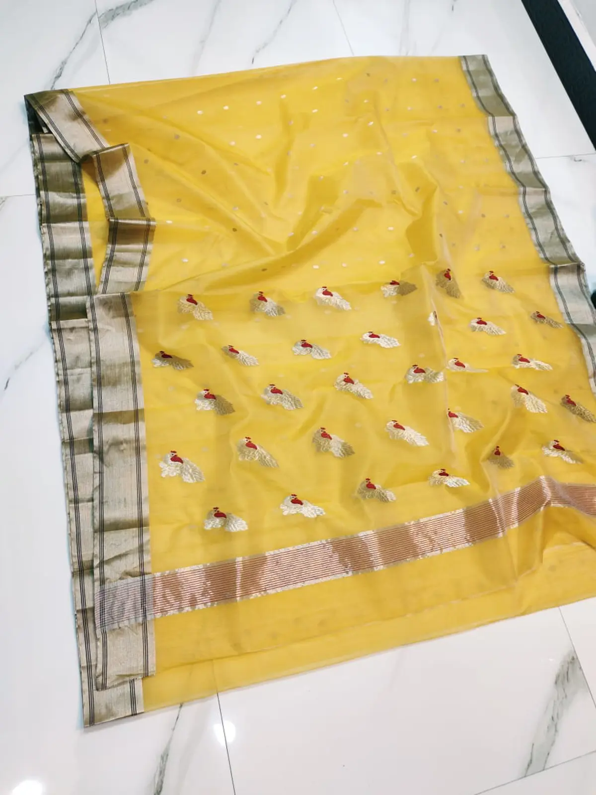 Handwoven Sunlit Marigold with Antique Gold & Silver Sunlit Marigold with Antique Gold & Silver Kataan Silk Saree - Authentic Chanderi Silk Saree Chanderi Saree