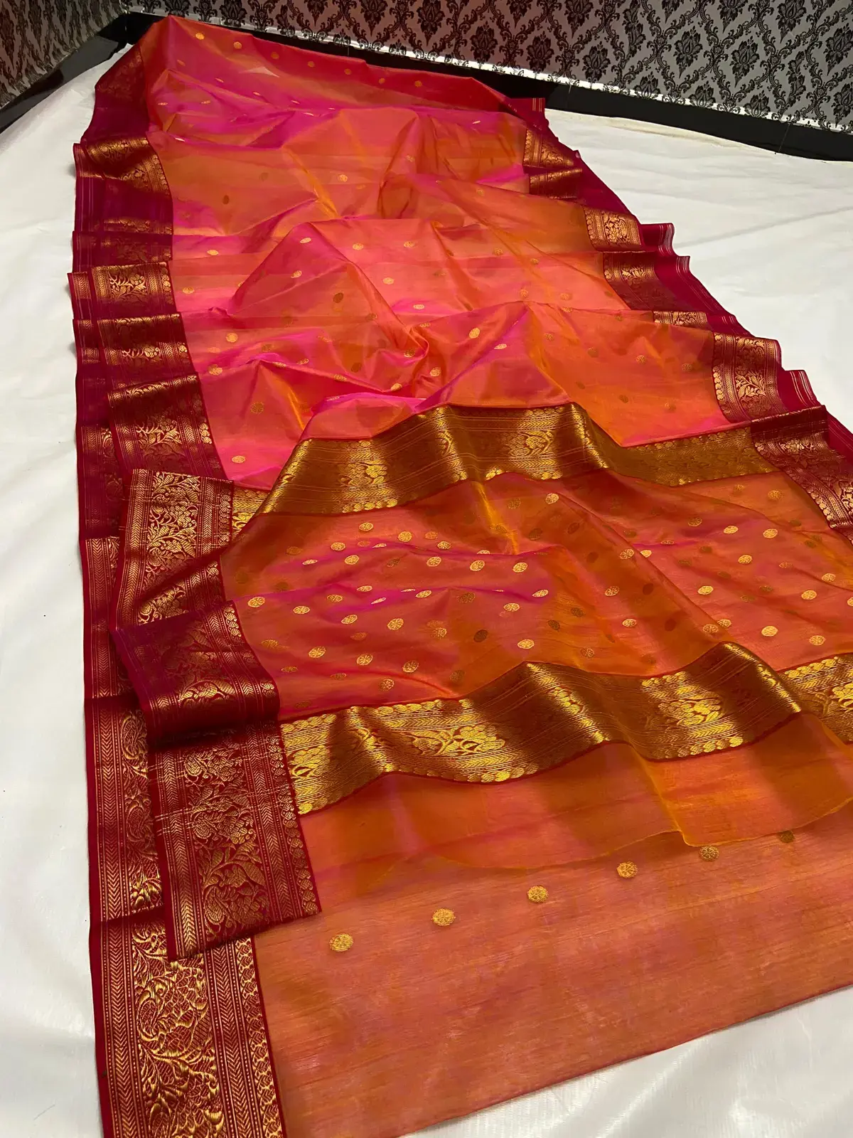 Sunset Coral with Golden Buti Chanderi Saree