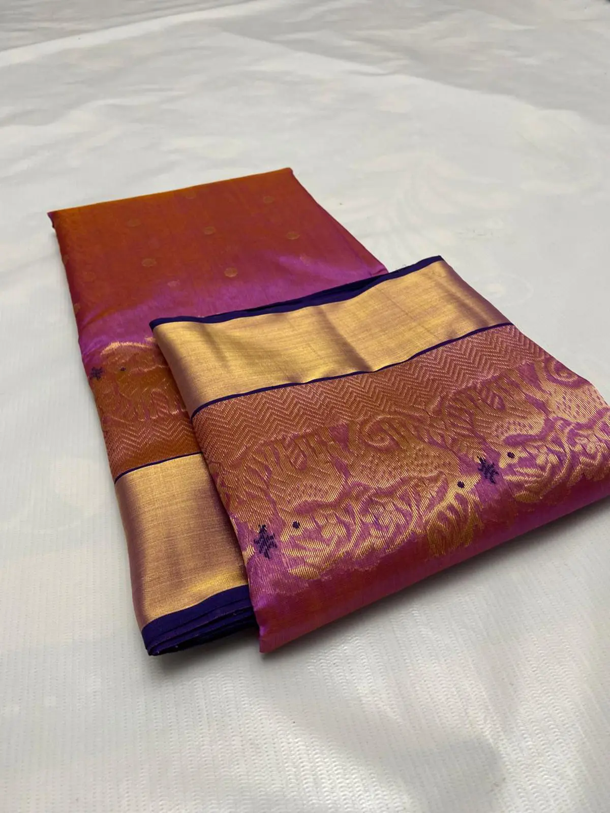 Handwoven Sunset Ember & Fuchsia with Gold Zari Sunset Ember and Fuchsia with Intricate Temple Zari Border Pattu Silk - Authentic Chanderi Silk Saree Chanderi Saree - View 1
