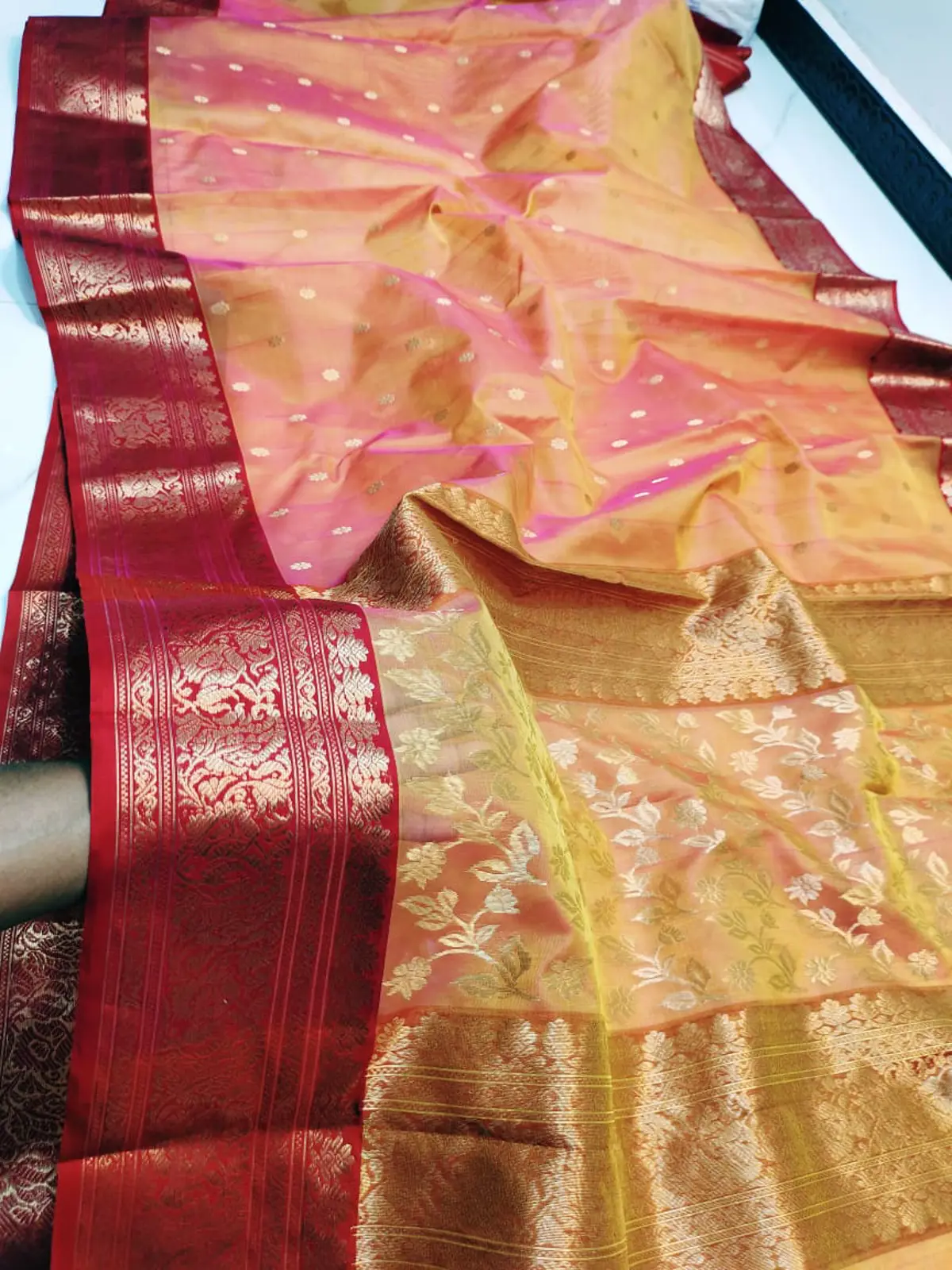 Handwoven Sunset Peach & Ruby Red Sunset Peach and Ruby Red with Opulent Gold Zari Kataan Silk - Authentic Chanderi Silk Saree Chanderi Saree - View 1
