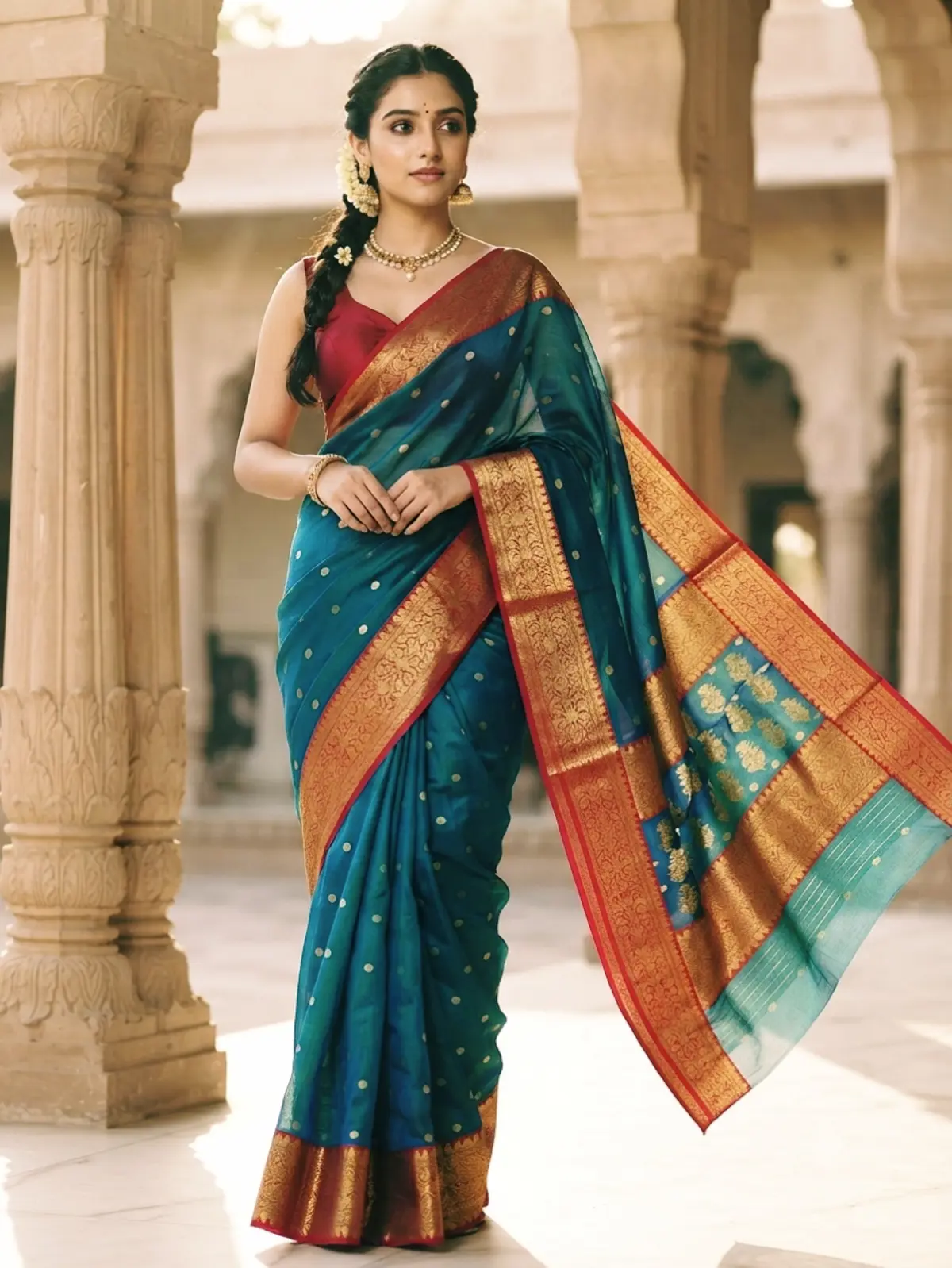 Teal Blue with Antique Gold Zari Kataan Silk - Handloom Chanderi Saree