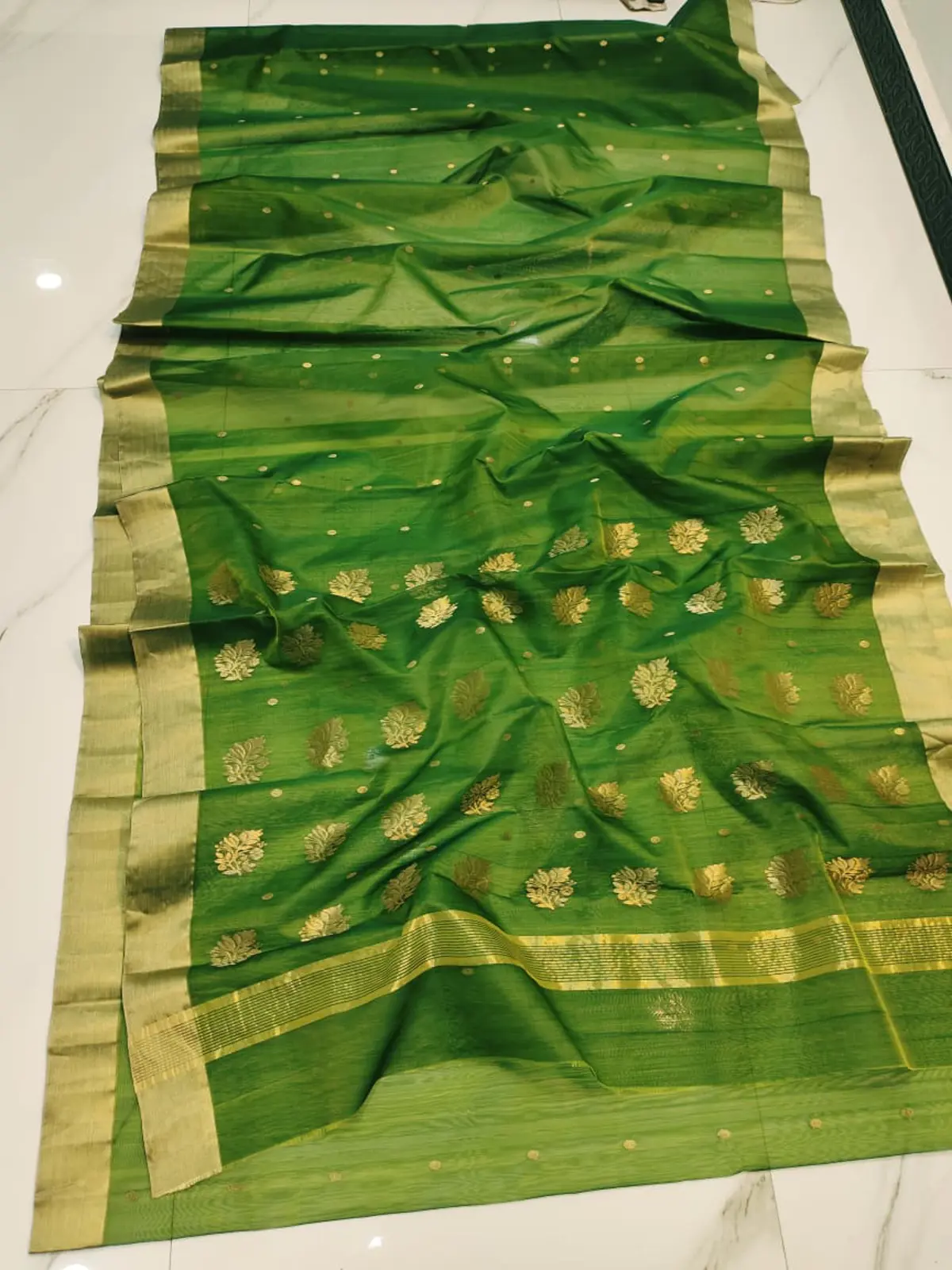Handwoven Verdant Emerald with Gilded Zari Verdant Emerald with Gilded Zari Kataan Silk Saree - Authentic Chanderi Silk Saree Chanderi Saree